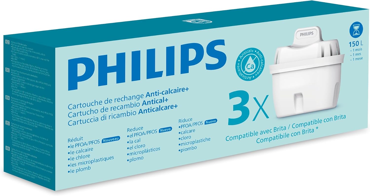 Philips - cartouches filtrantes série Anticalcaire+ - lot de 3 - réduction de dureté, compatible Brita