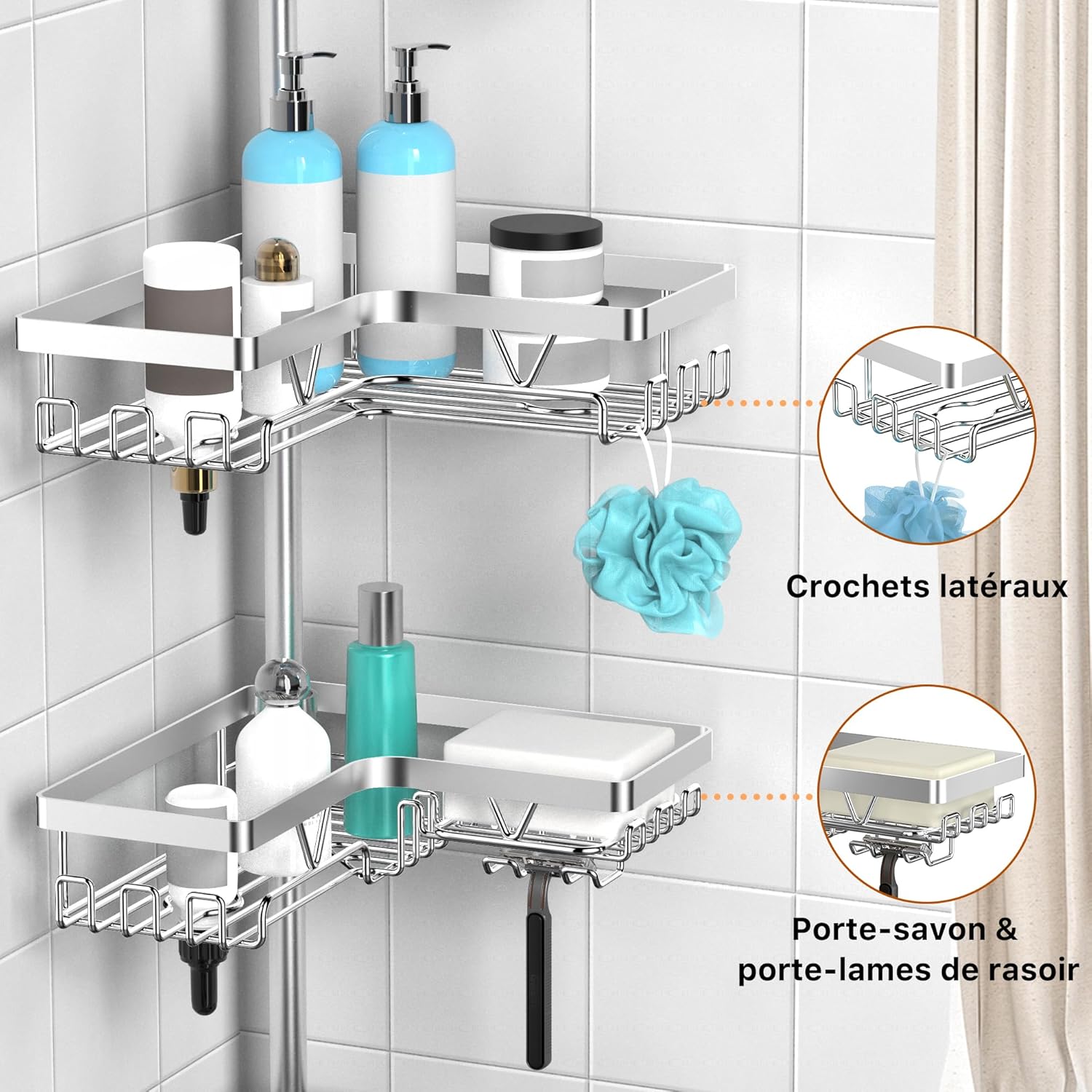 KEGII - étagère douche télescopique - 63,5-290cm - inox, 6 plateaux réglables, argenté, KEGII