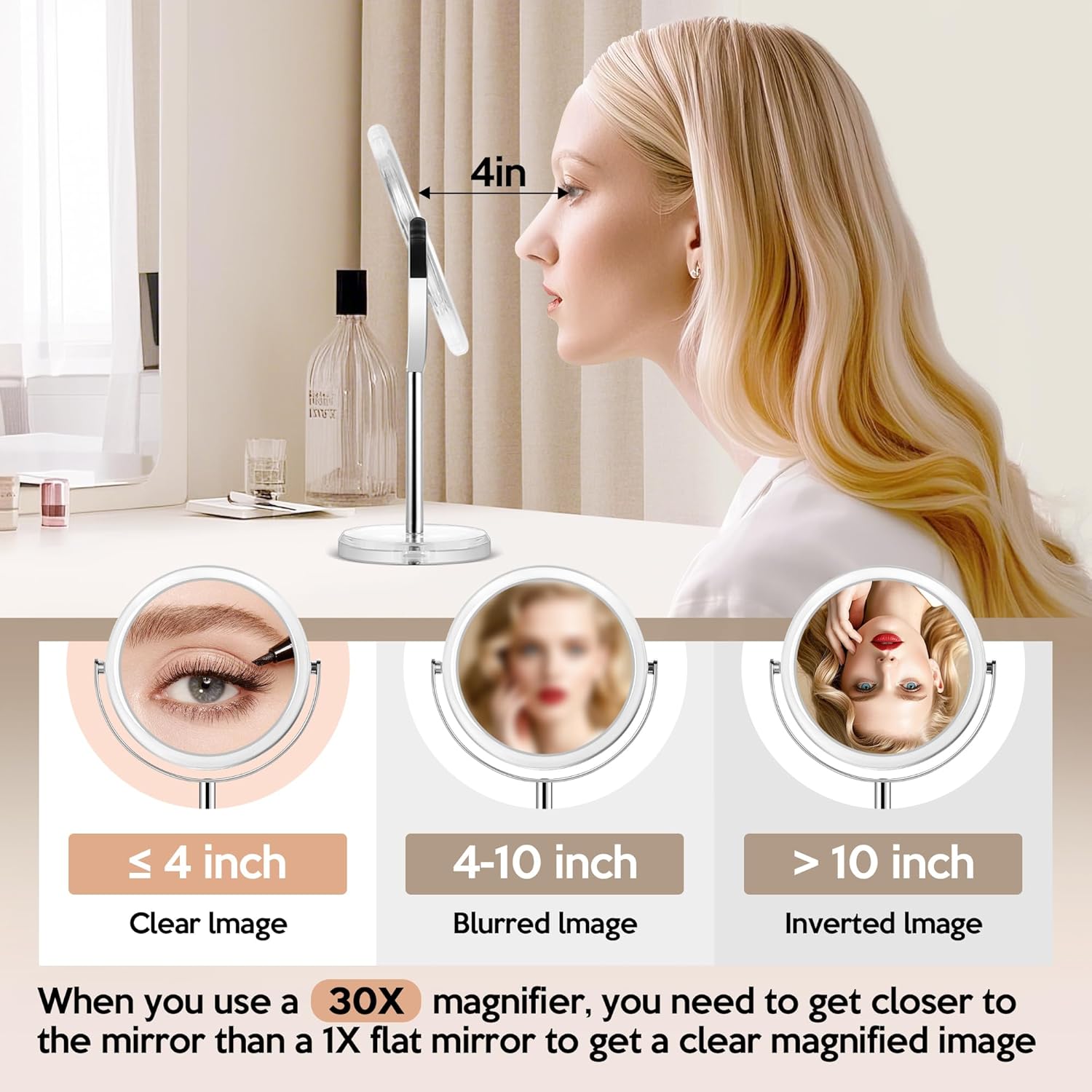 Miroir de maquillage double face, grossissement 30x/1x, sur pied, idéal chambre et salle de bain