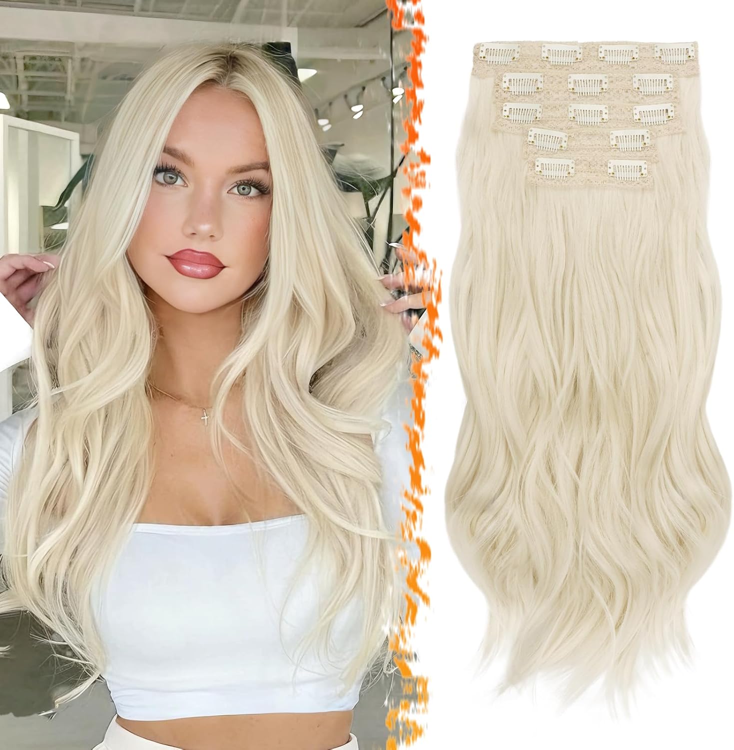 BARSDAR - extension à clips longue ondulée 50cm, platine blond, 5pcs