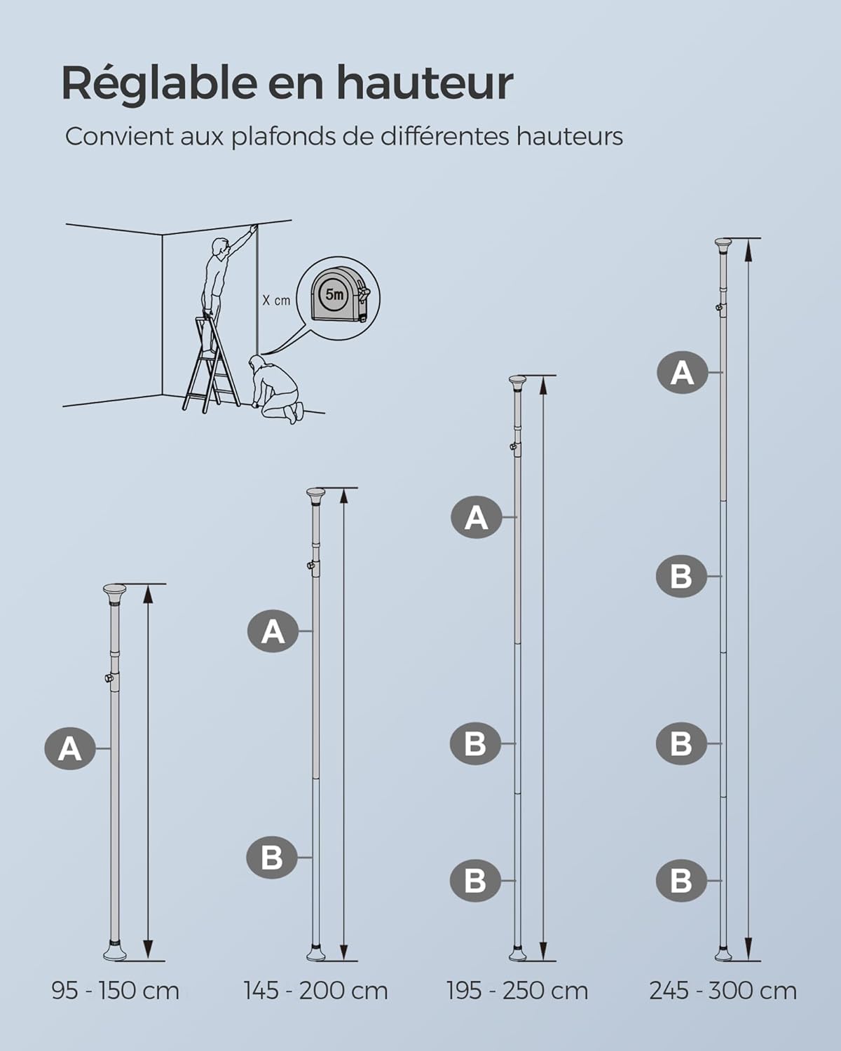 SONGMICS - étagère réglable salle de bain - 95-300 cm - inox, 4 niveaux, crochets, porte-serviettes, BCB002B01