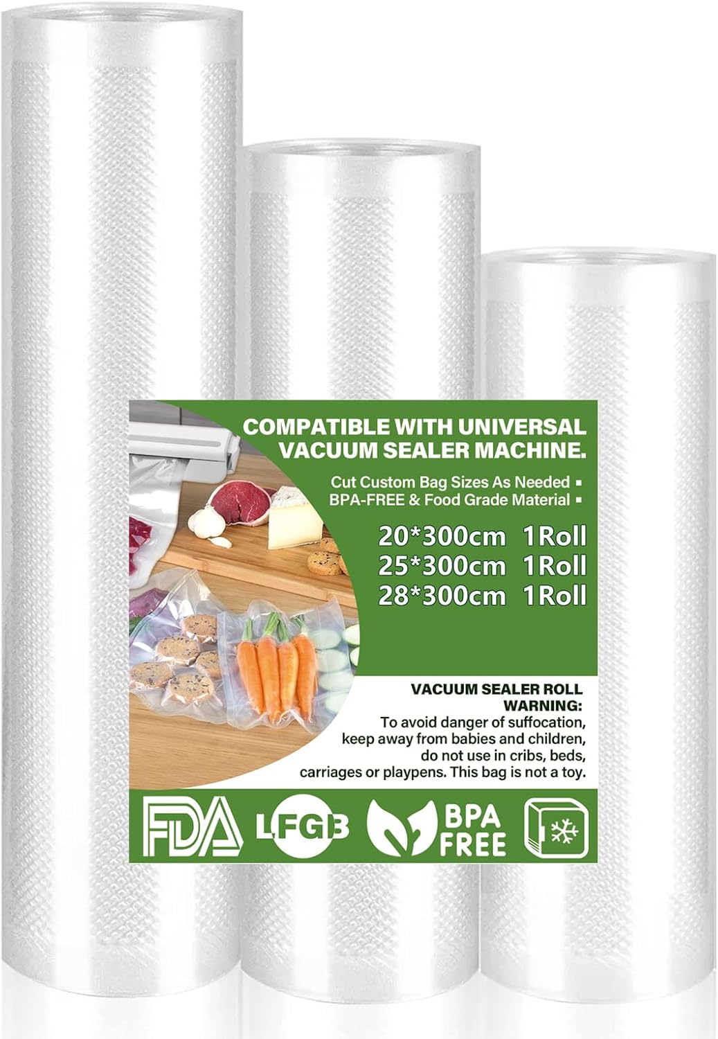 Rouleau sous vide alimentaire - 3 tailles 28/25/20x300cm, sans BPA, compatible toutes machines