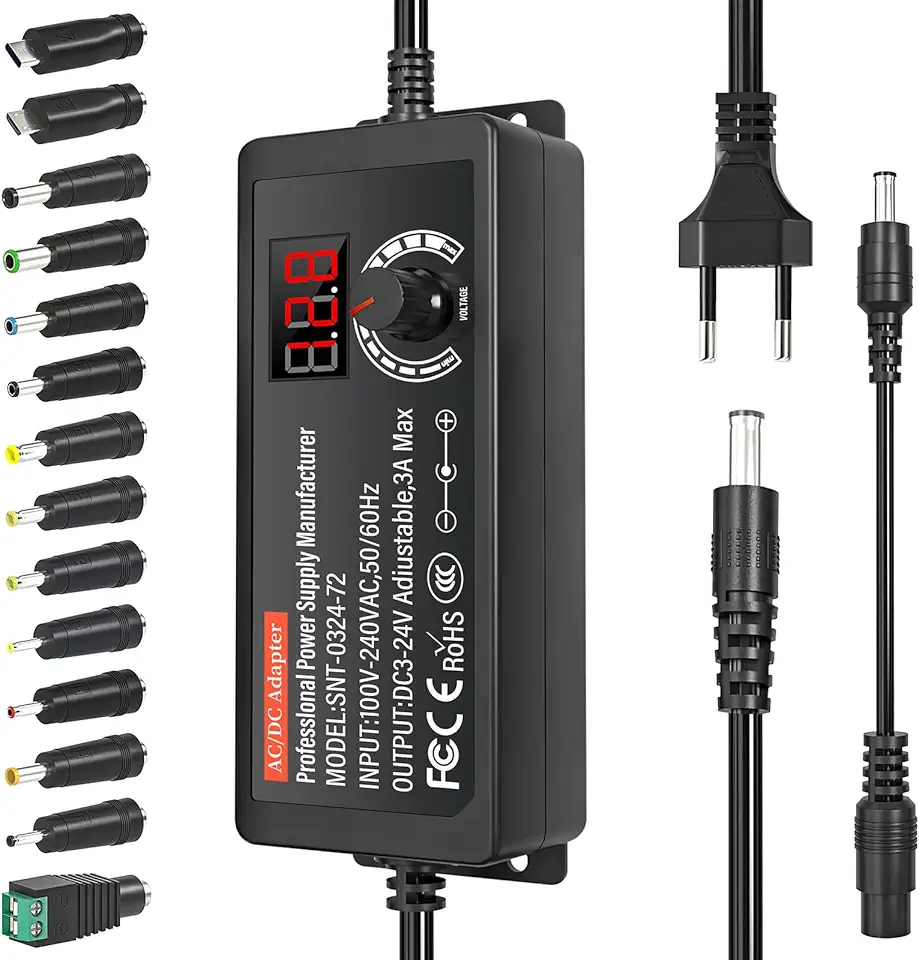 Alimentation universelle - 72W, 24V - 14 embouts, polarité inversée, 3000mA max