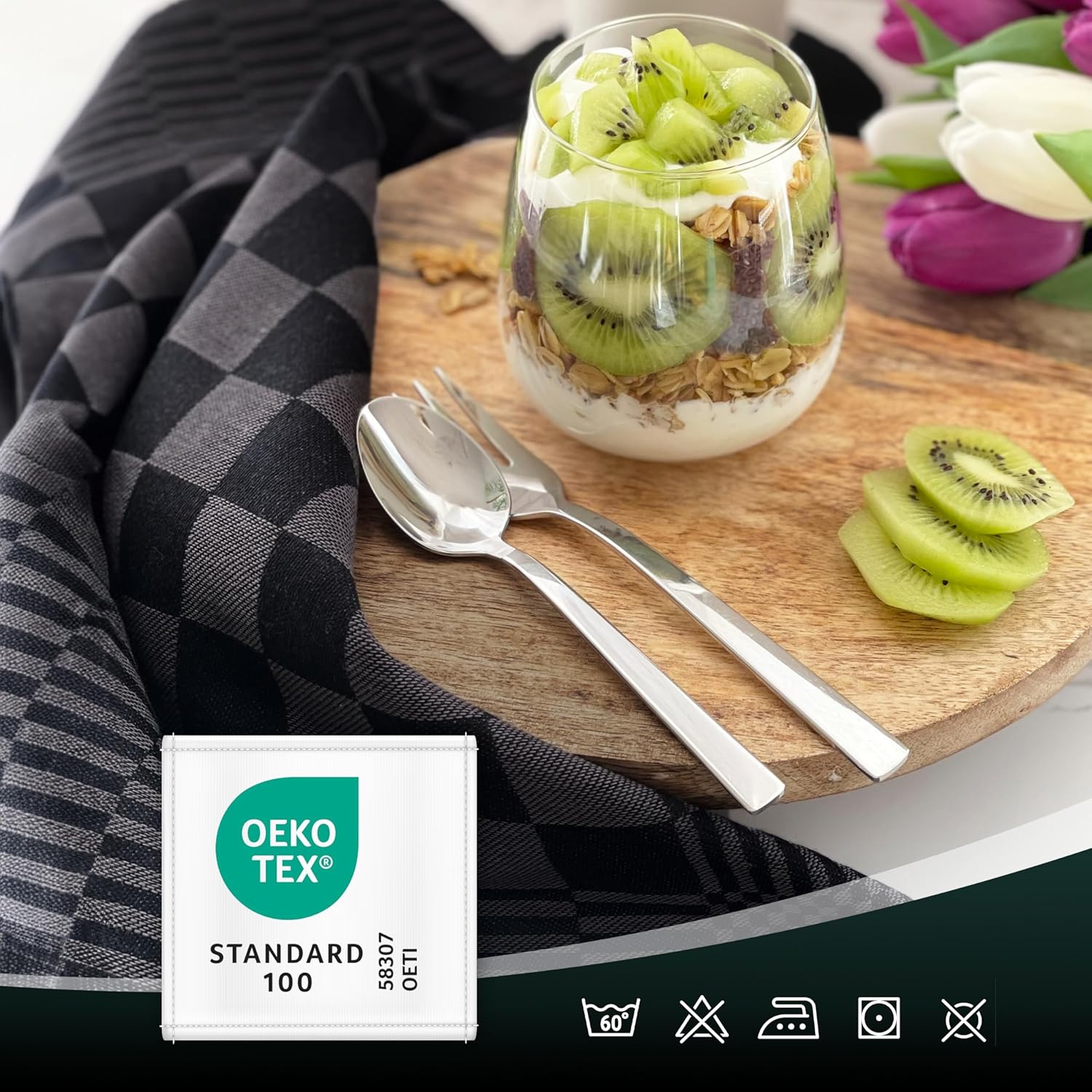 ZOLLNER - lot 6 torchons coton 65x65 cm, absorbants, lavables, Oeko-Tex