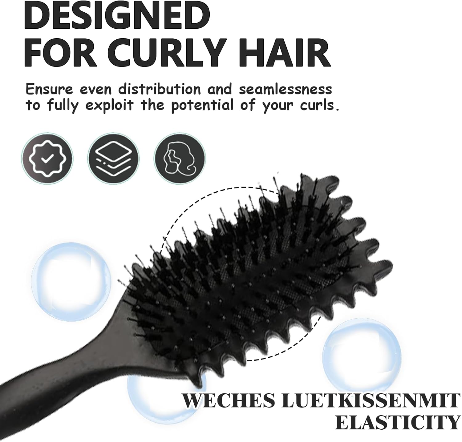 Brosse à boucler, brosse coiffante pour cheveux bouclés d'hommes et de femmes pour fixer et modeler les boucles, réduire les mèches rebelles et la séparation des boucles (Noir, 24cm)