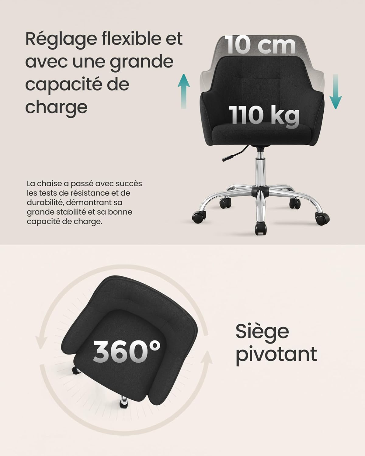 SONGMICS - fauteuil ergonomique, tissu coton-lin, cadre acier, réglable, 110kg, 119x61x54cm, OBG019B01