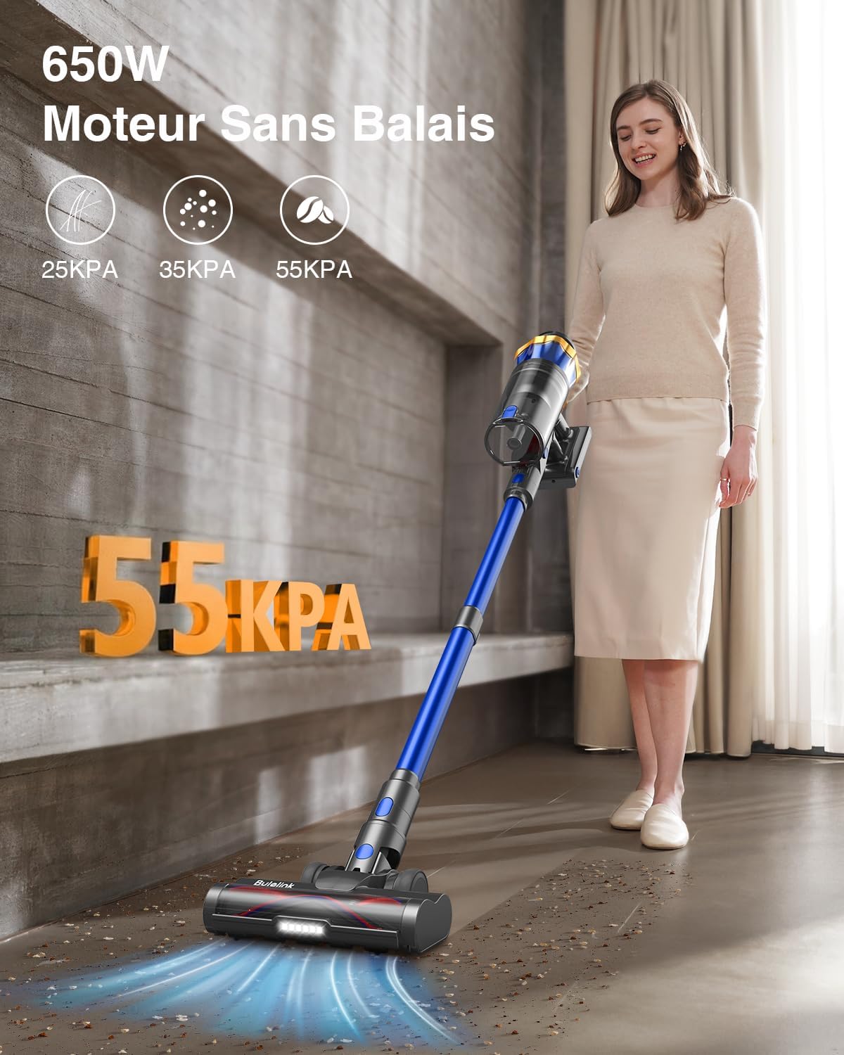 Aspirateur balai sans fil, 1,6L, 70min, écran OLED, 650W/55KPA