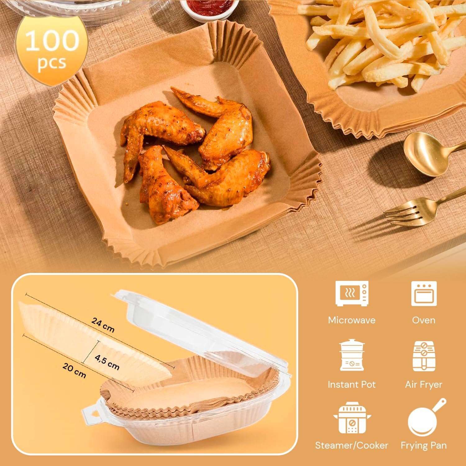 edihome - Papier cuisson air fryer - 20-24 cm - 100 unités, jetable, sans BPA