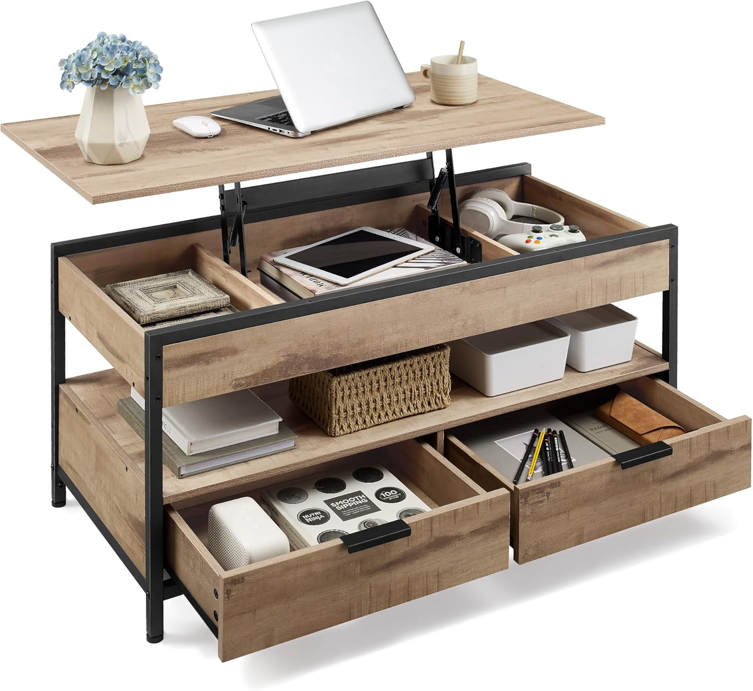 VASAGLE - table basse série LCT209K02 - espaces de rangement, plateau relevable, marron camel/ noir - LCT209K02