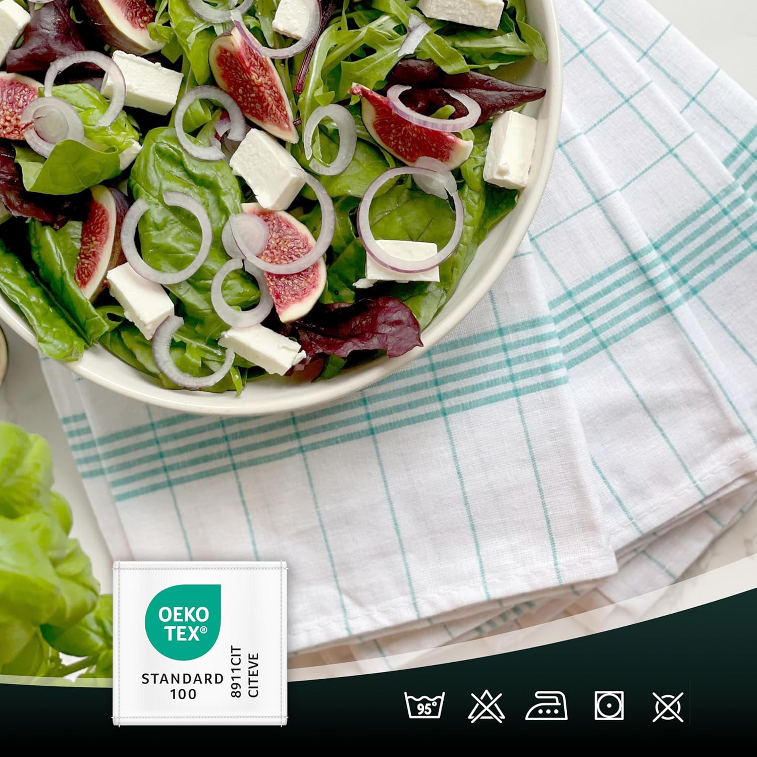 ZOLLNER - Set de 10 torchons, coton, 50x70 cm, turquoise à carreaux