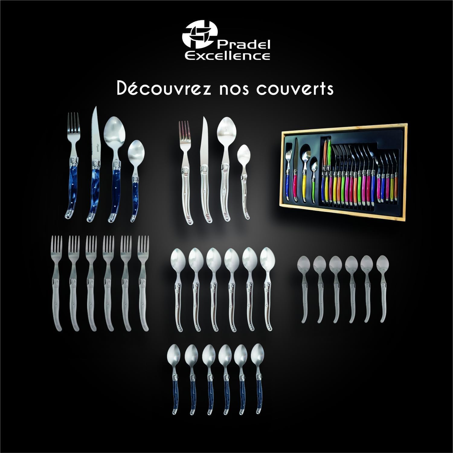 Pradel - Set Laguiole Excellence - 15,7x25,7x1,5 cm - 6 couteaux inox microdentés, manche ABS gris