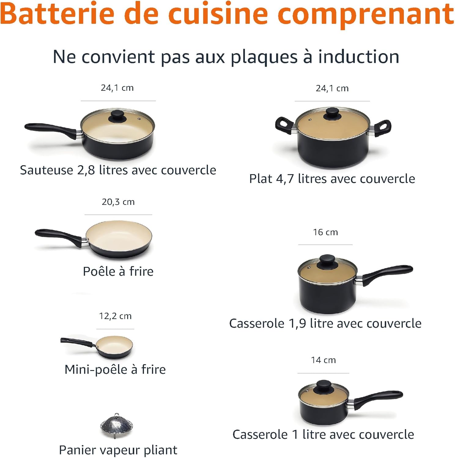 Amazon Basics - Set 11 pièces antiadhésif céramique - noir/crème - casseroles et poêles