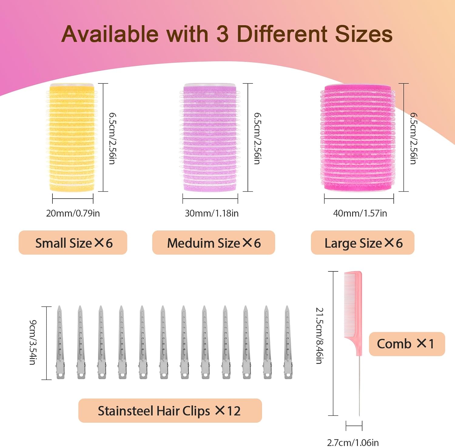 Romon - Ensemble de bigoudis multi-tailles - 40/30/20mm - 31 rouleaux auto-adhésifs, sans chaleur, 12 pinces et 1 peigne