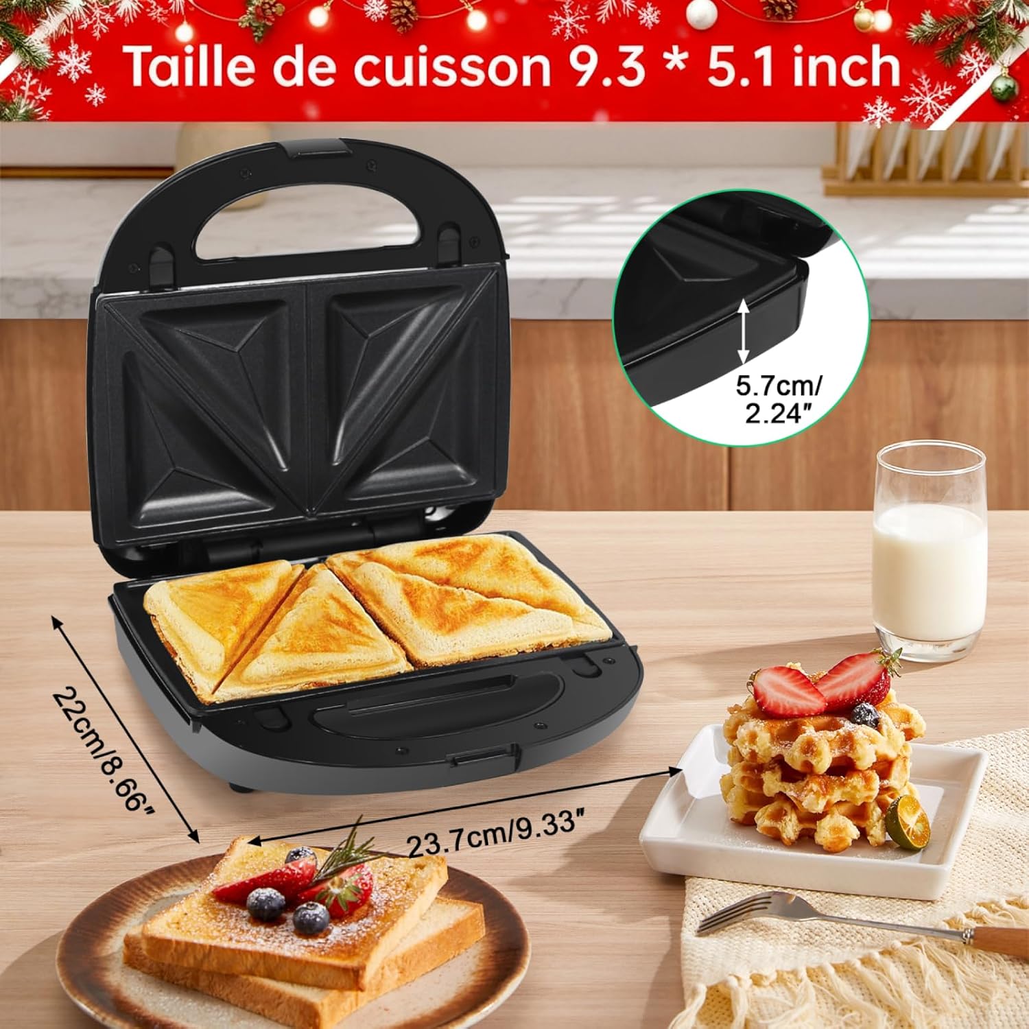 Appareil à Croque Monsieur 3 en 1 - 750W - plaques interchangeables antiadhésives - compact