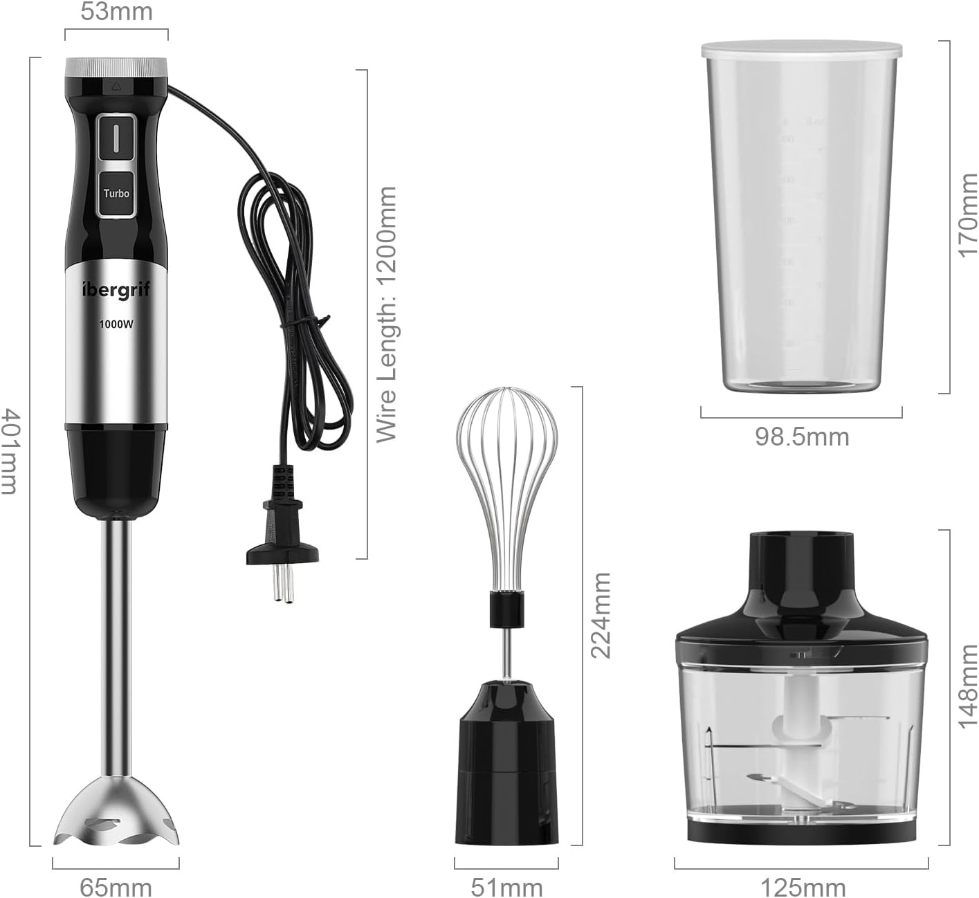 Ibergrif - Mixeur plongeant 4-en-1 acier inox, 1000W, turbo, réglage vitesse