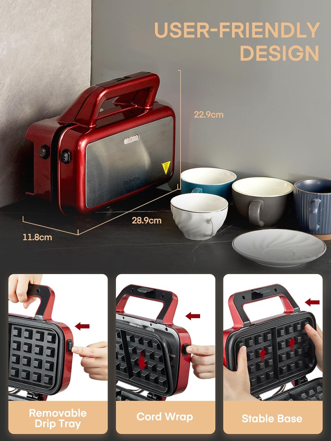 Croque Monsieur multifonction - 1200W - plaques amovibles, 5 vitesses, chauffe rapide, nettoyage facile, rouge