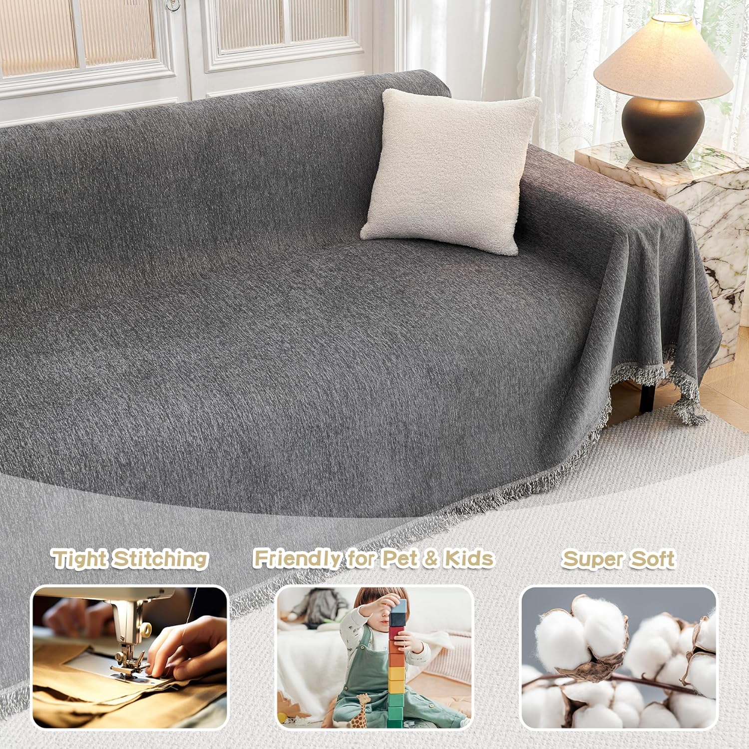 MYSKY HOME - Housse de canapé L 180x300cm chenille anti-griffe