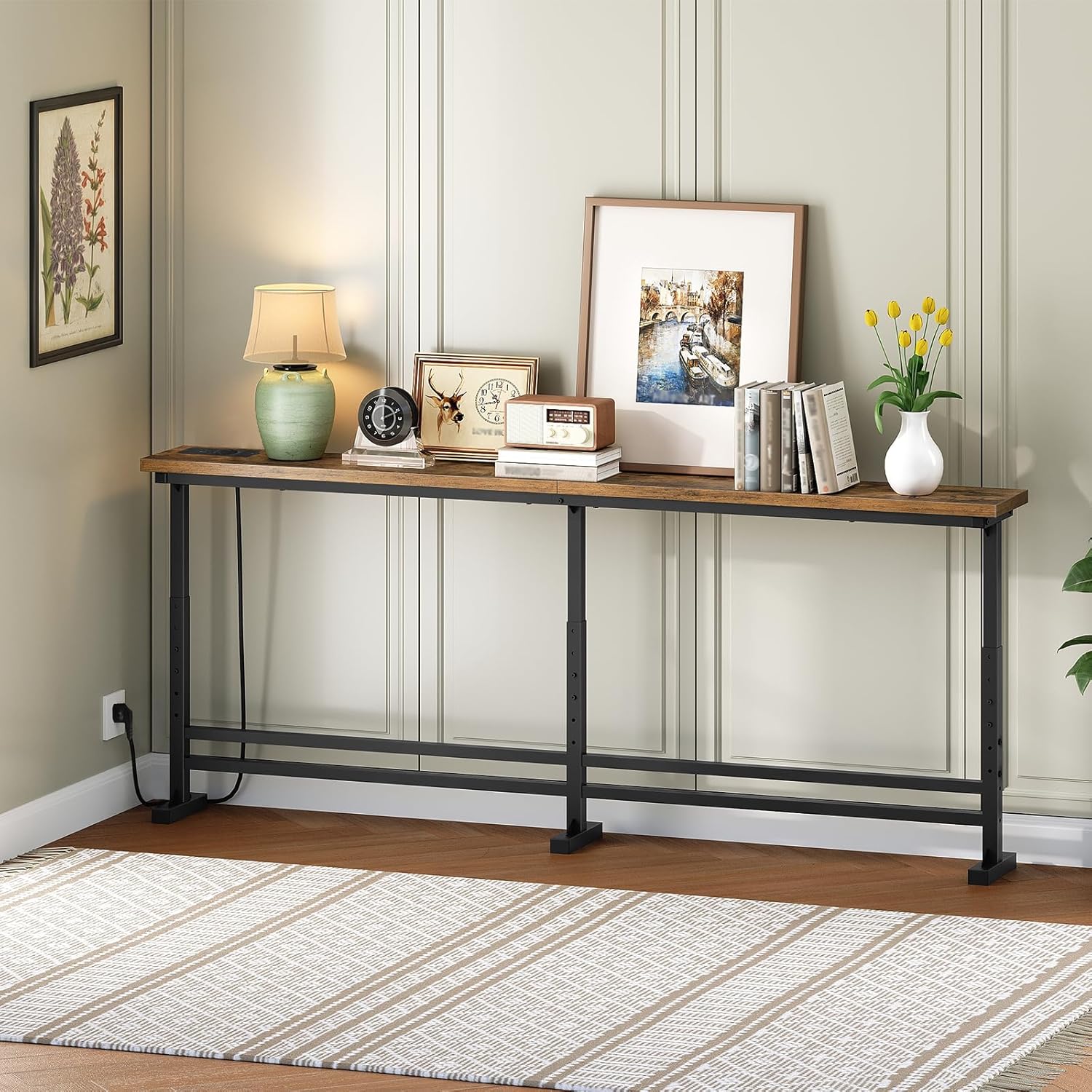 Table console longue - style rustique, 180cm, avec multiprise, prise USB/USB-C, XCT08CBR