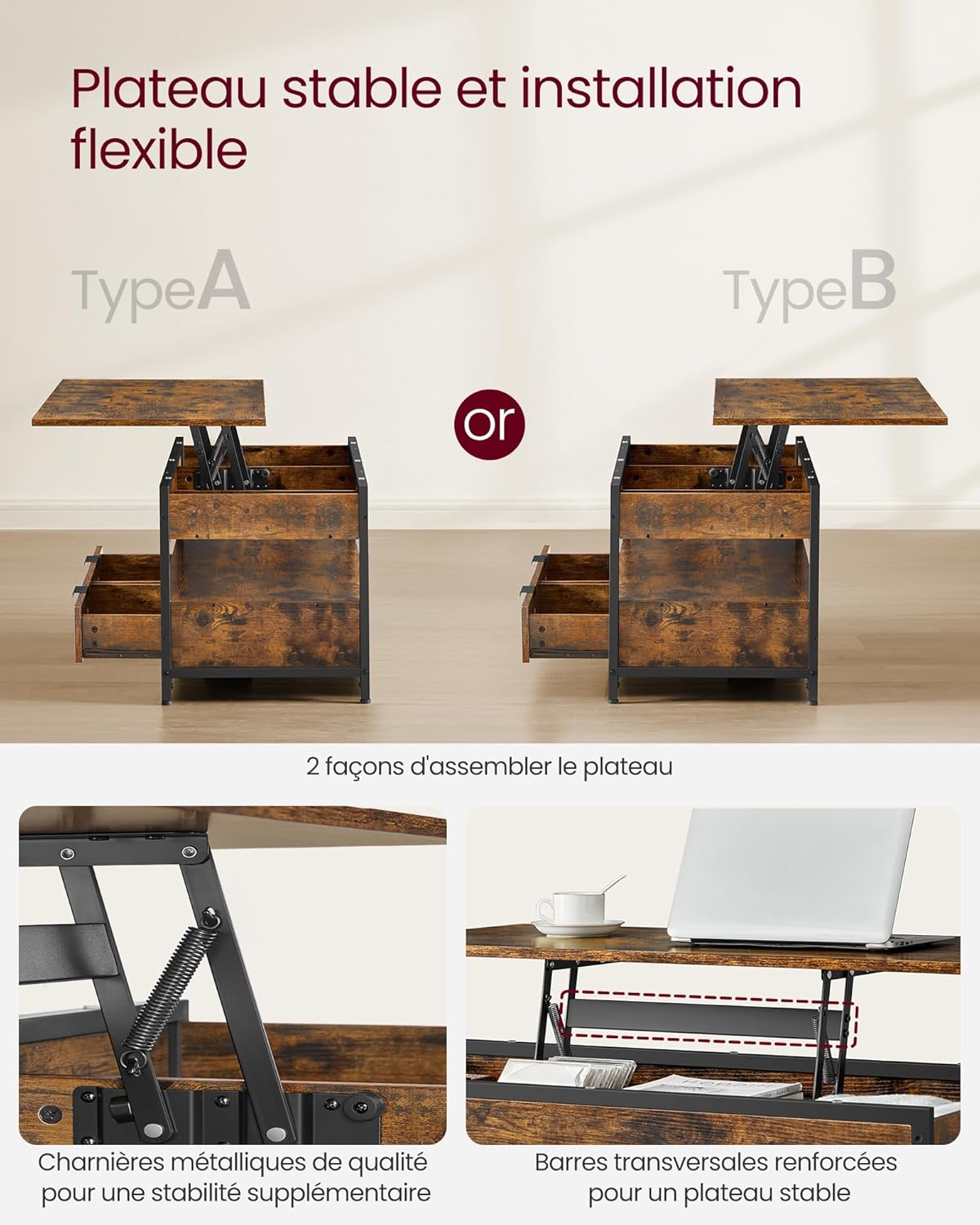 VASAGLE - Table basse plateau relevable, tiroirs, rangement - LCT209K01