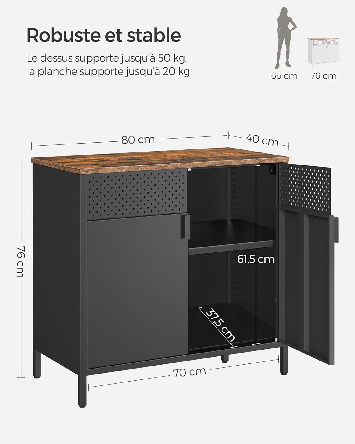 SONGMICS - Buffet double porte acier 40x80x76cm, magnétique, LSC102B01