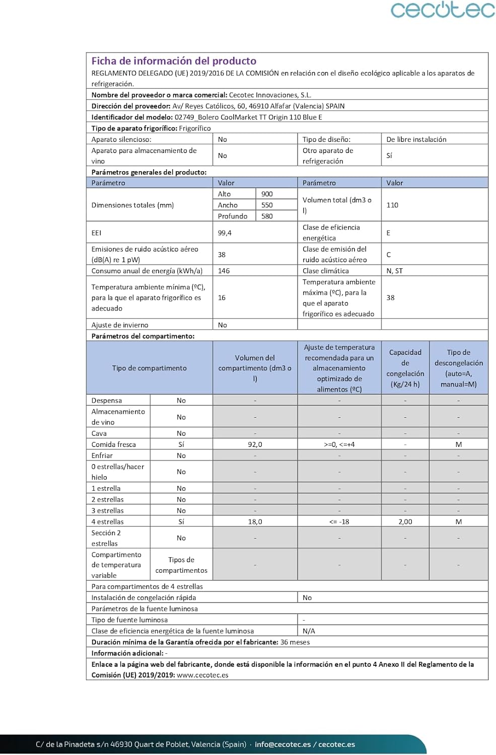 Cecotec - Bolero CoolMarket TT Origin 110 - 110L - Mini frigo rétro, classe E, éclairage LED, poignée chromée, ICEBOX, o