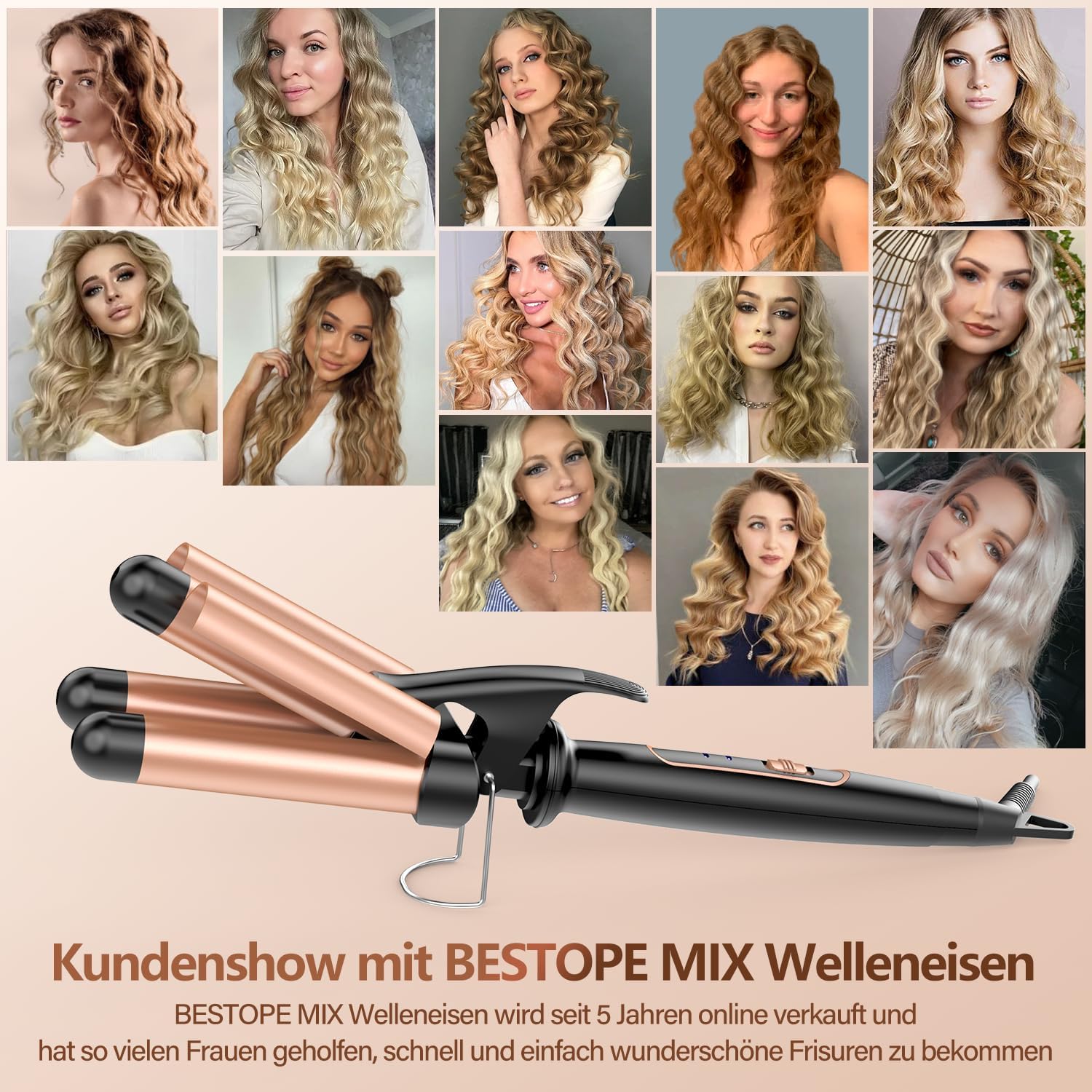 BESTOPE - Fer à friser 3 fûts - Température 150-210°C, grandes boucles, tous cheveux MIX