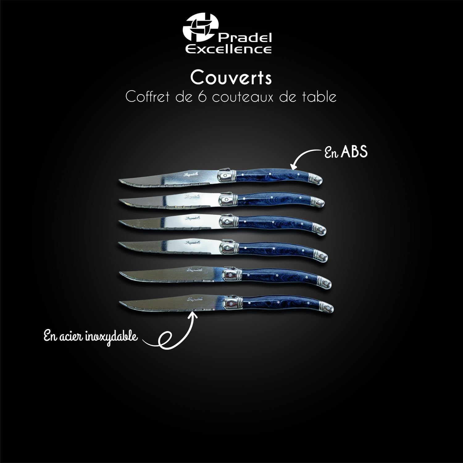 Pradel - Set Laguiole Excellence - 15,7x25,7x1,5 cm - 6 couteaux inox microdentés, manche ABS gris