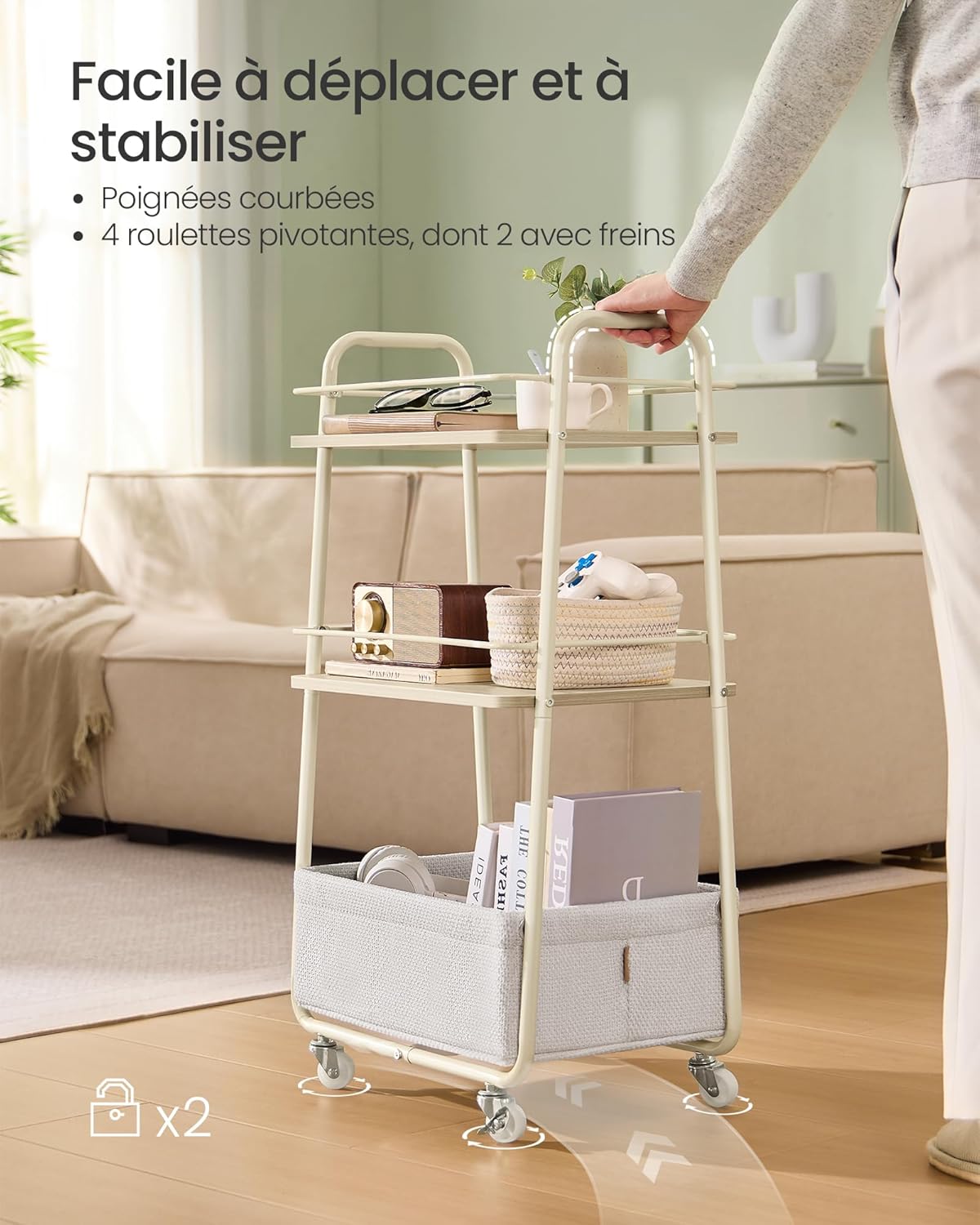 VASAGLE - LILEA Collection - chariot 3 niveaux, étagères tissu, beige/blanc, LRC001LL02