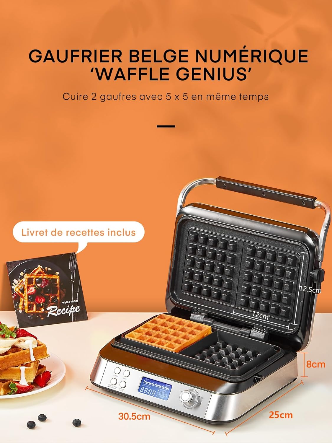 Gaufrier double, inox, 2 tranches, 5 programmes, LED, 7 niveaux