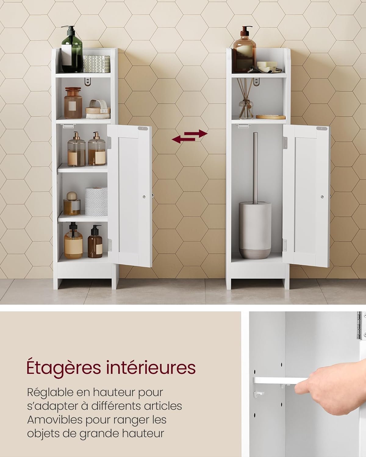 VASAGLE - meuble salle de bain angle, 20x18x80cm, blanc, portes/étagères réglables, BBC310W01