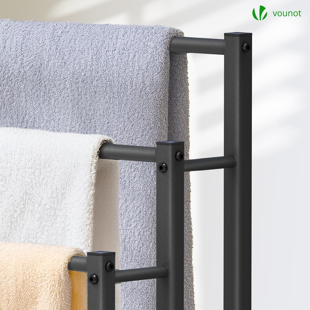 VOUNOT - Porte-serviettes sur pied, 3 niveaux, métal, noir, rangement stable
