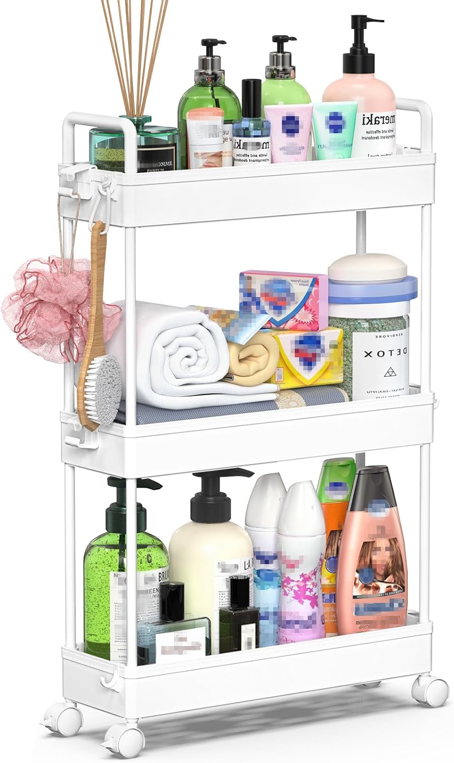 SOLEJAZZ - chariot 3 étagères, plastique, blanc, rangement étroit