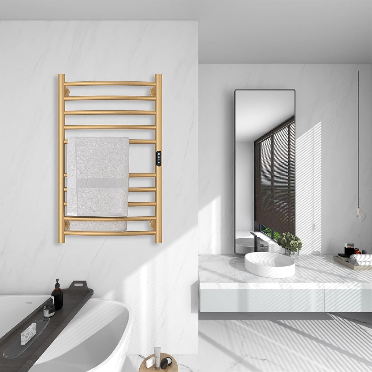 Sèche-serviette mural électrique, 10 barres, 135W, 450x720mm, WiFi, minuterie, or brossé