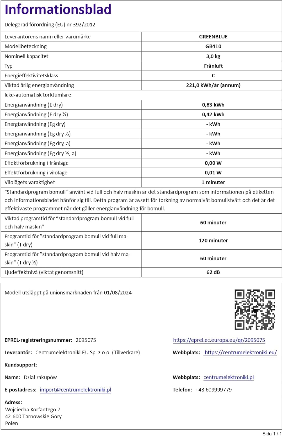 GreenBlue - sèche-linge électrique 3kg - compact, facile à utiliser - GB410