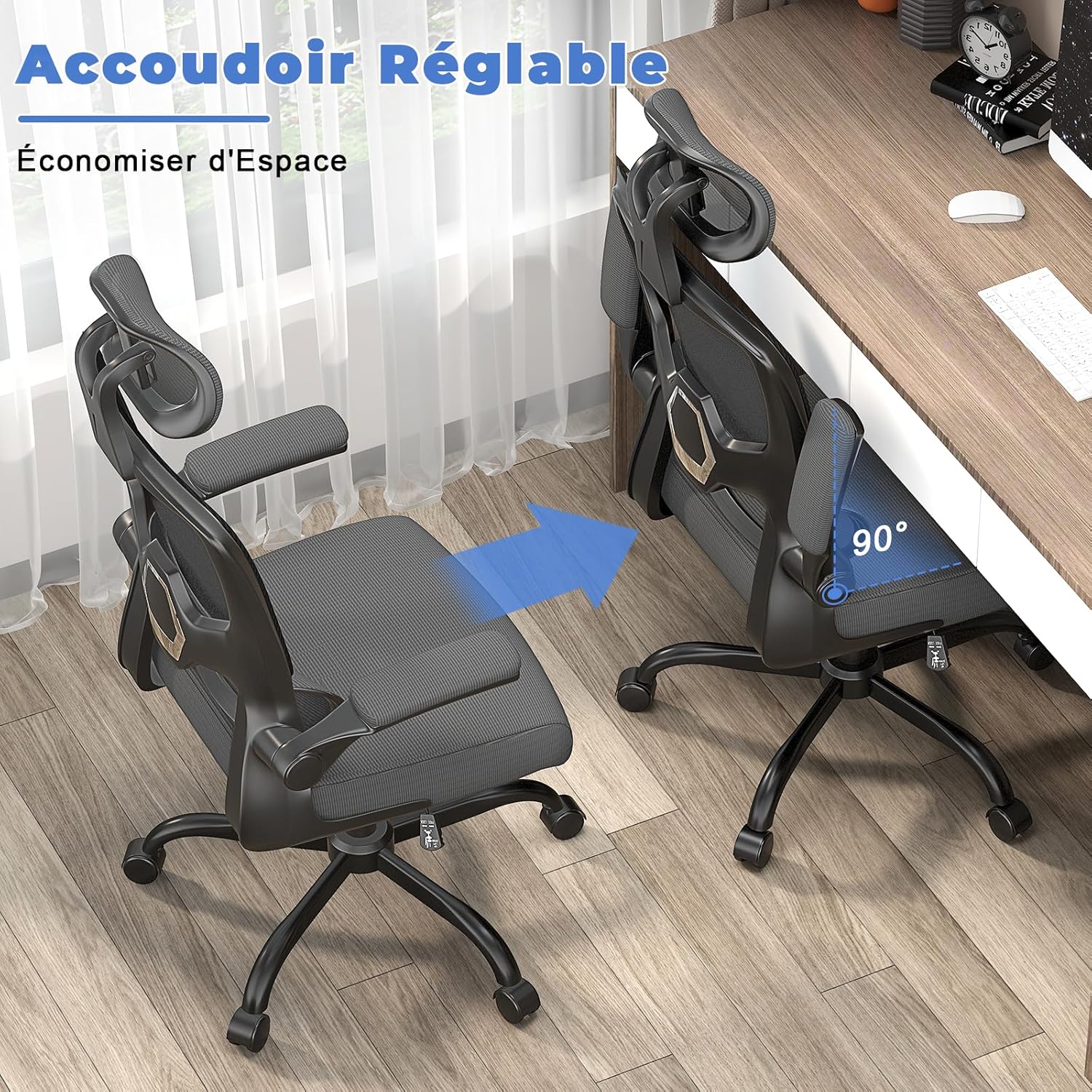 Chaise de bureau ergonomique - support lombaire - dossier et appui-tête réglables, accoudoirs réversibles, assise maille