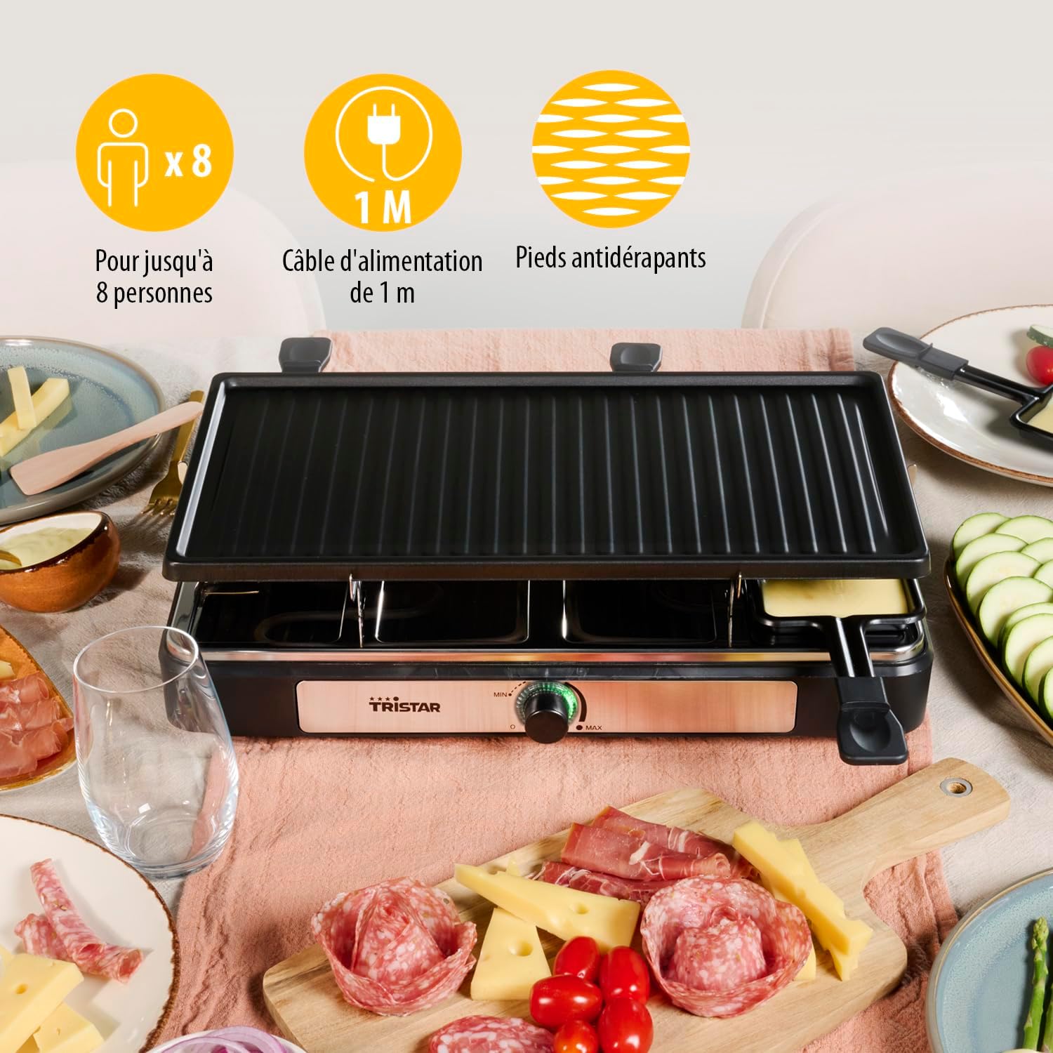 Tristar - Raclette 8 personnes, 42x23 cm, thermostat réglable, RA-2746