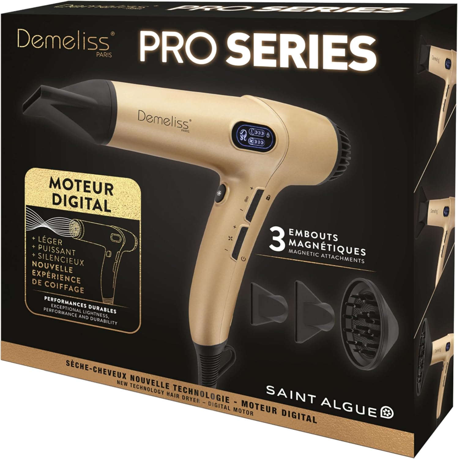 Demeliss Saint Algue - Pro Series - compact léger puissant - sèche-cheveux ionique 3 accessoires