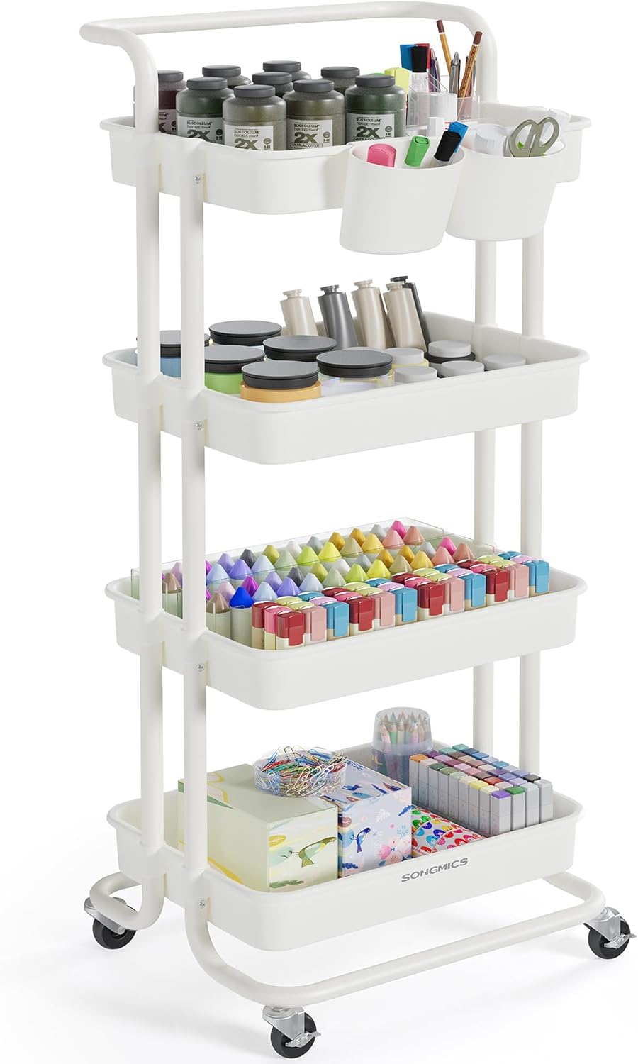 SONGMICS - Chariot de rangement 4 niveaux - poignées, roulettes, 2 pots, 2 freins - Blanc - BSC077WZ01