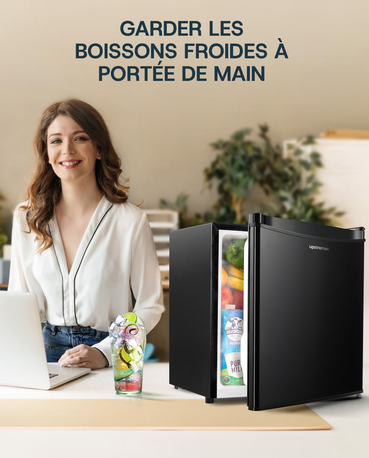 Upstreman - mini frigo 46L - congélateur, silencieux, porte réversible, FR17