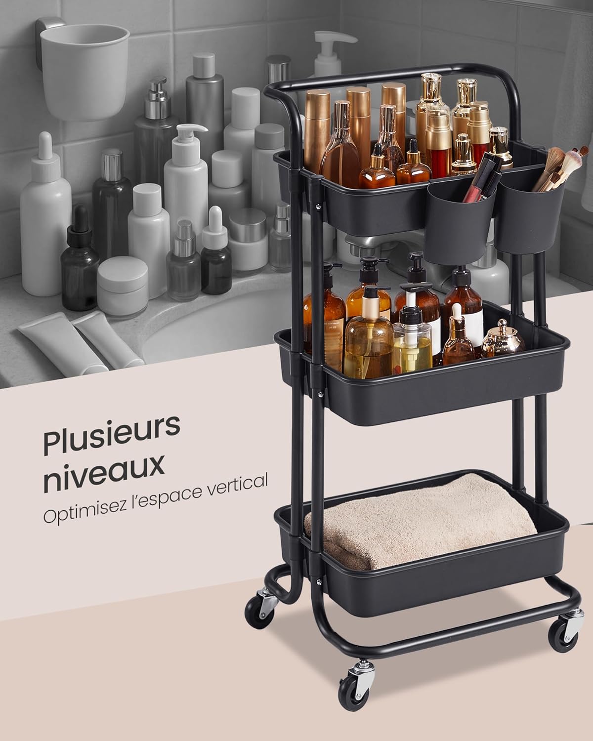 SONGMICS - Chariot roulant 3 niveaux acier/plastique, poignée, organisateurs, noir - BSC067B01