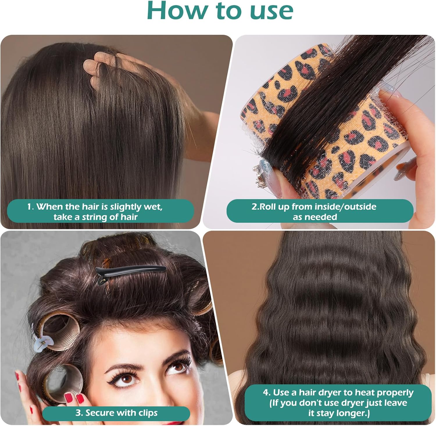 GeeRic - Bigoudis auto-agrippants, 33 pièces, sans chaleur, imprimé léopard, avec pinces et peigne, cheveux longs