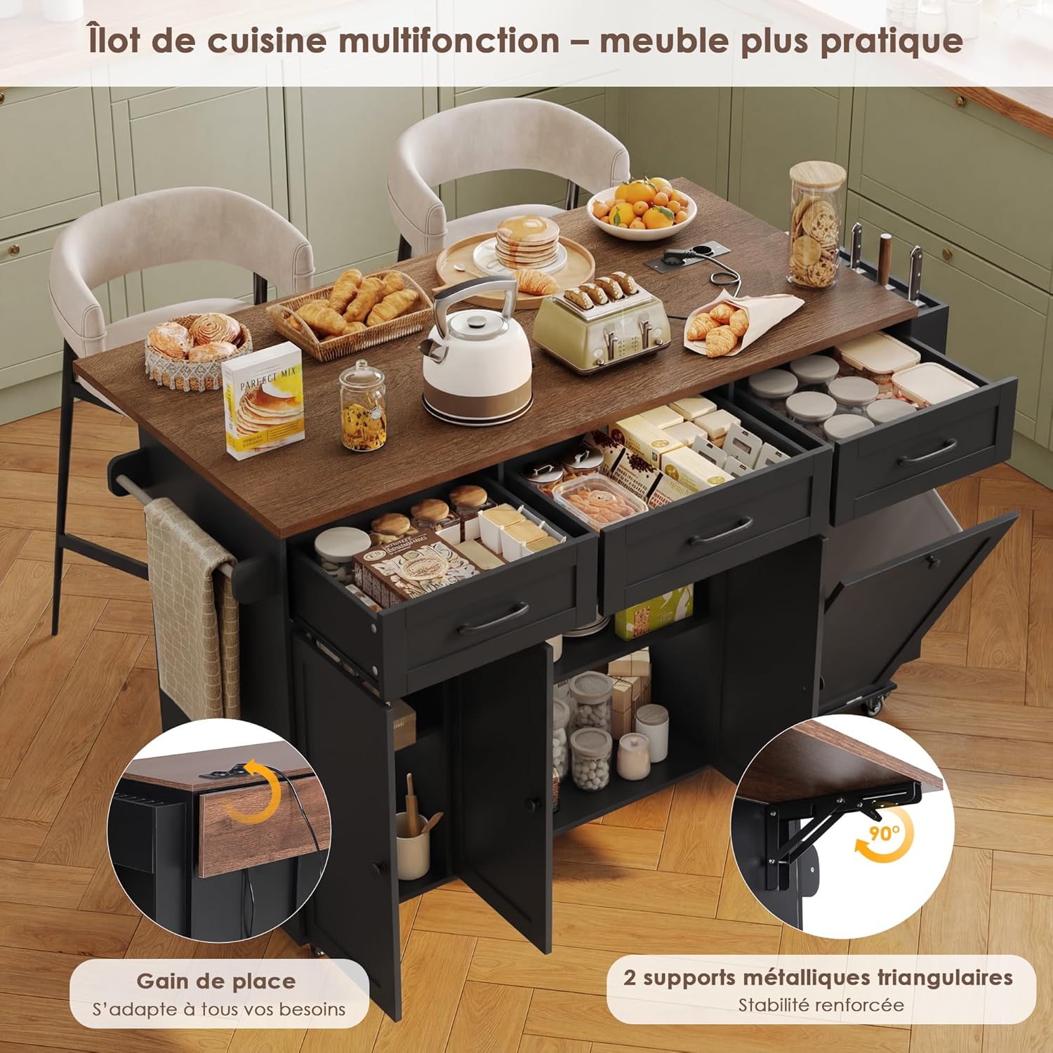 FirFurd - Ilot cuisine pliable sur roulettes, 135x60x88cm, USB et rangement