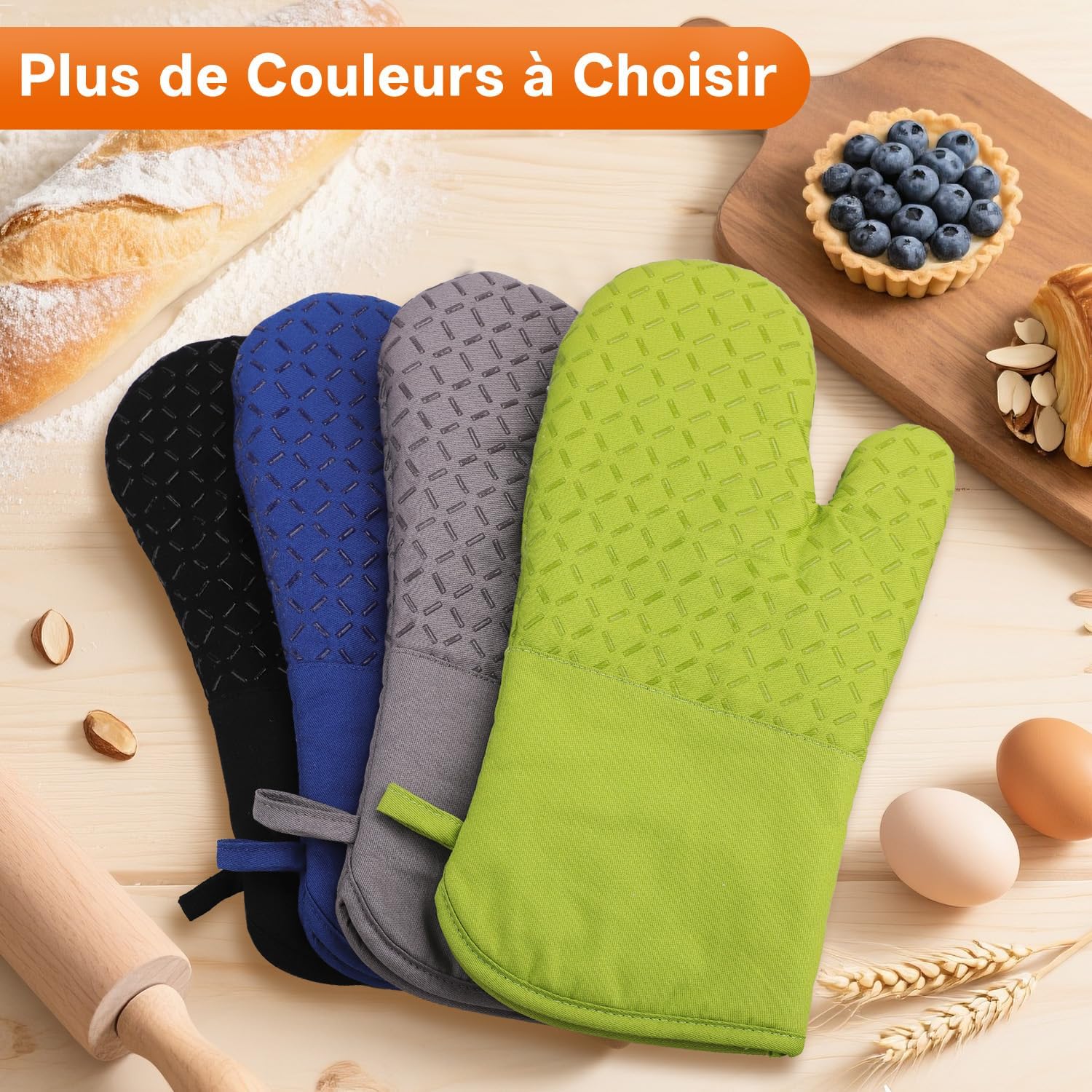 MILcea - gants de cuisine série lot de 4 - 32cm - silicone antidérapant, coton doux, résistance 300°C