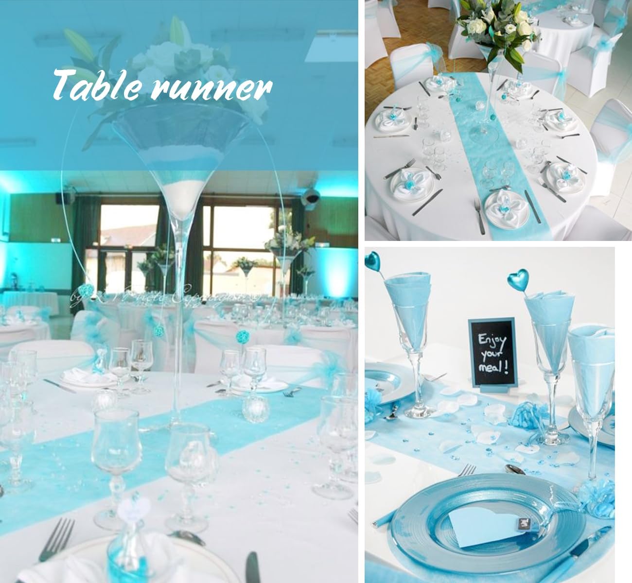 Chemin de table non tissé bleu 23x300cm, 150 cœurs décoratifs