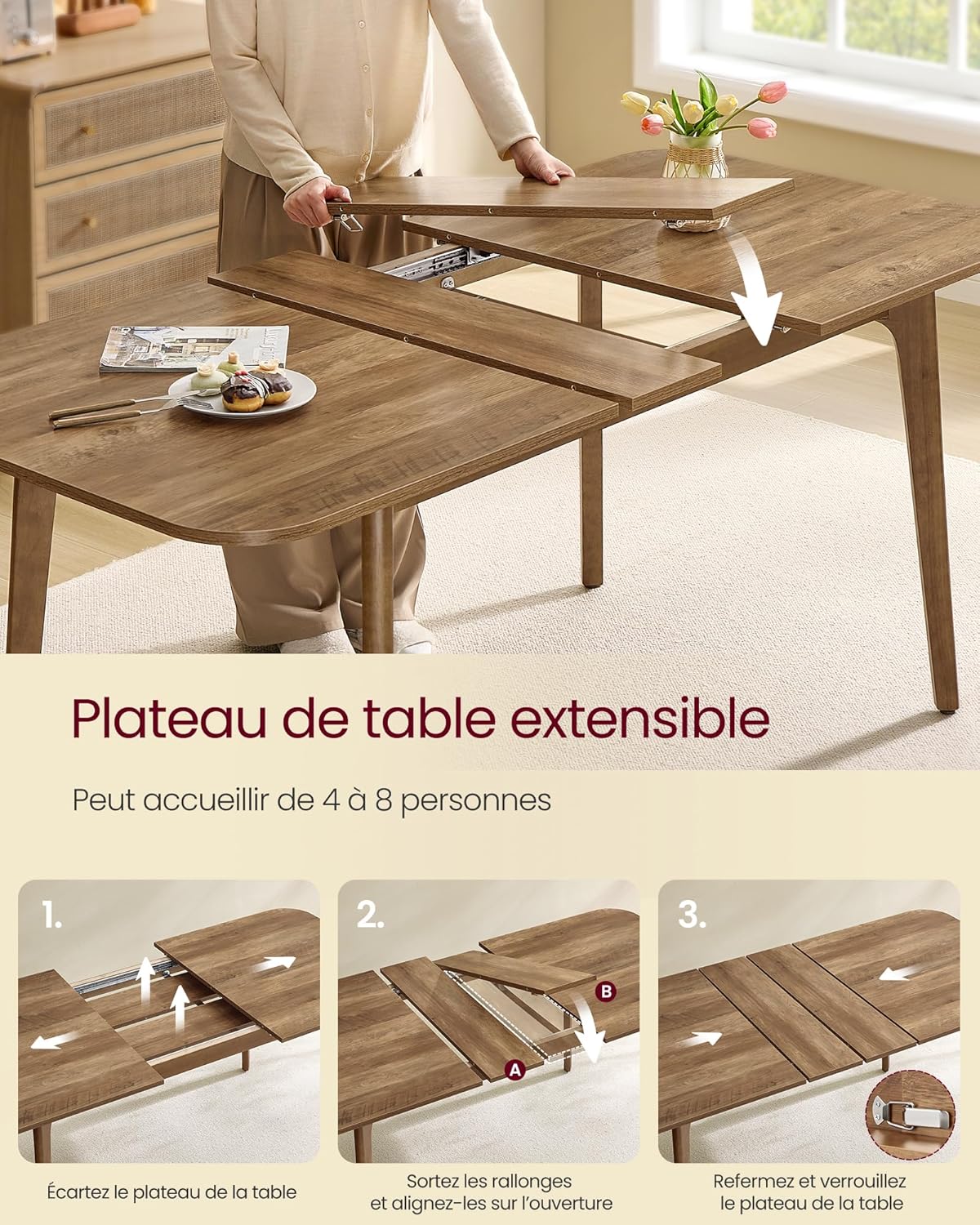 VASAGLE - Table extensible salle à manger, 120kg, marron miel, KDT090K01