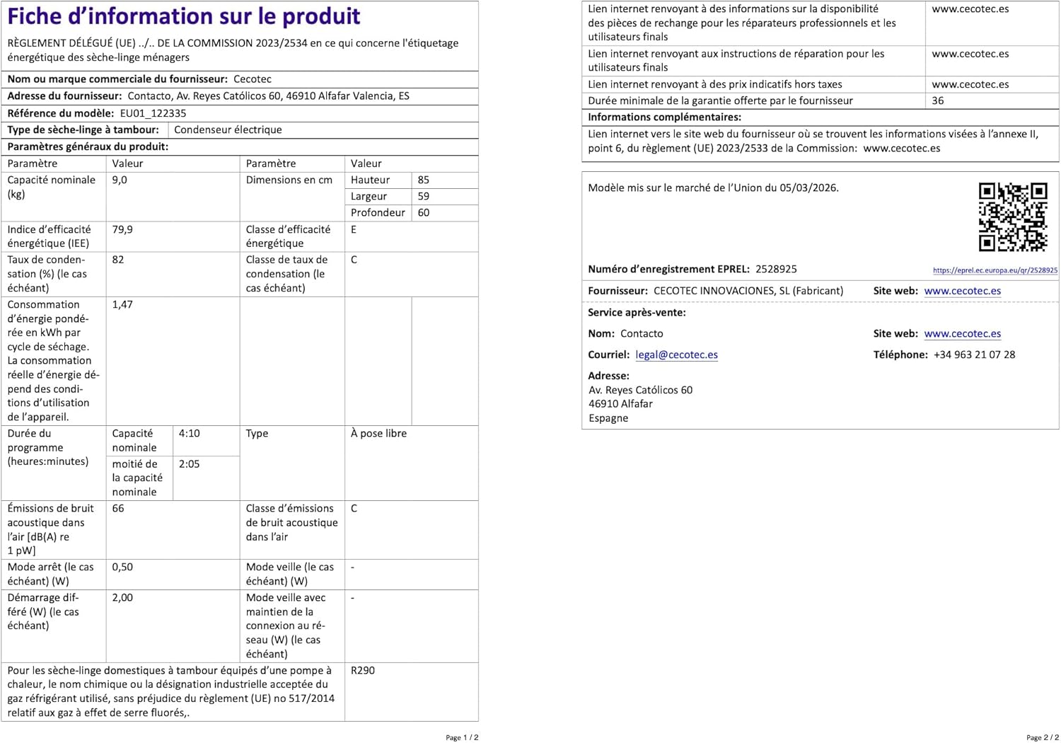 Cecotec - Bolero Dresscode Dry - 9kg pompe chaleur, 15 programmes - 9180