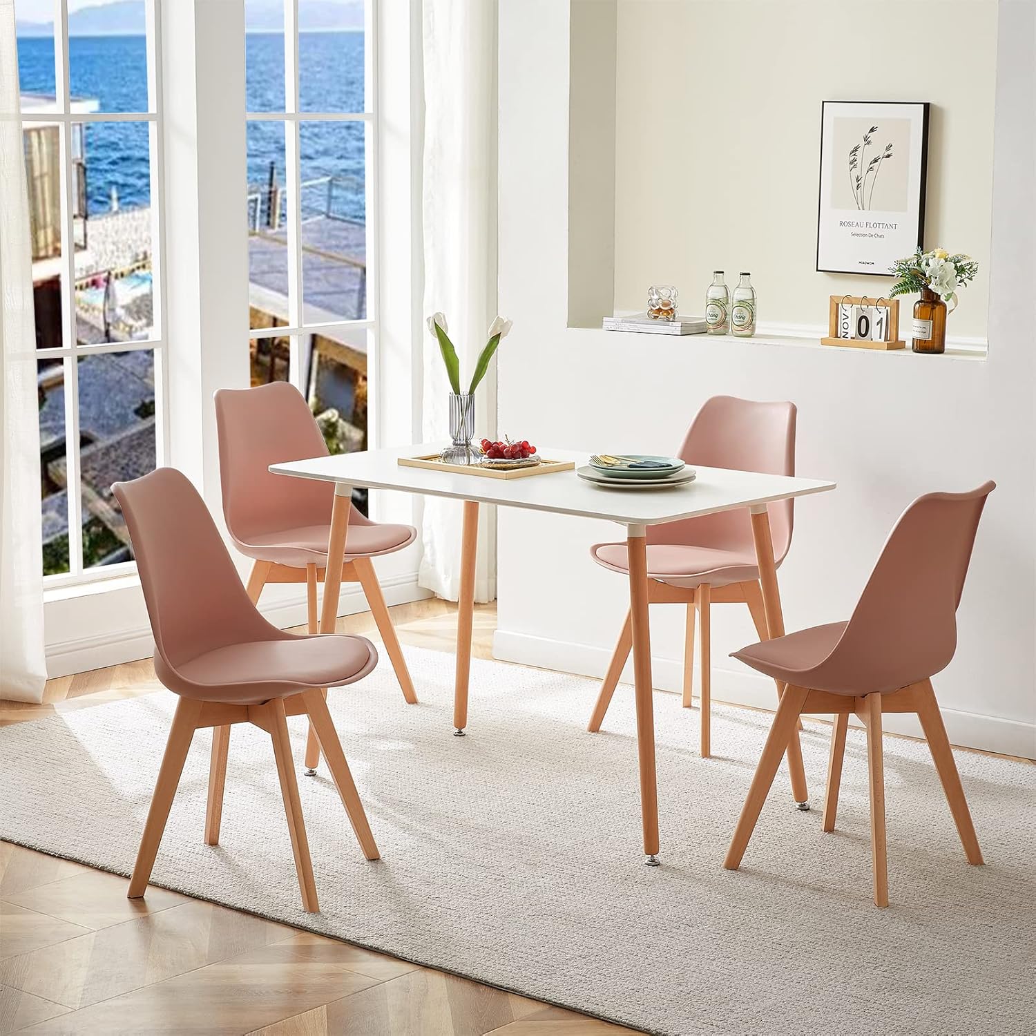EGGREE - Lot de 4 chaises scandinaves, bois hêtre, rose fumé, assise rembourrée