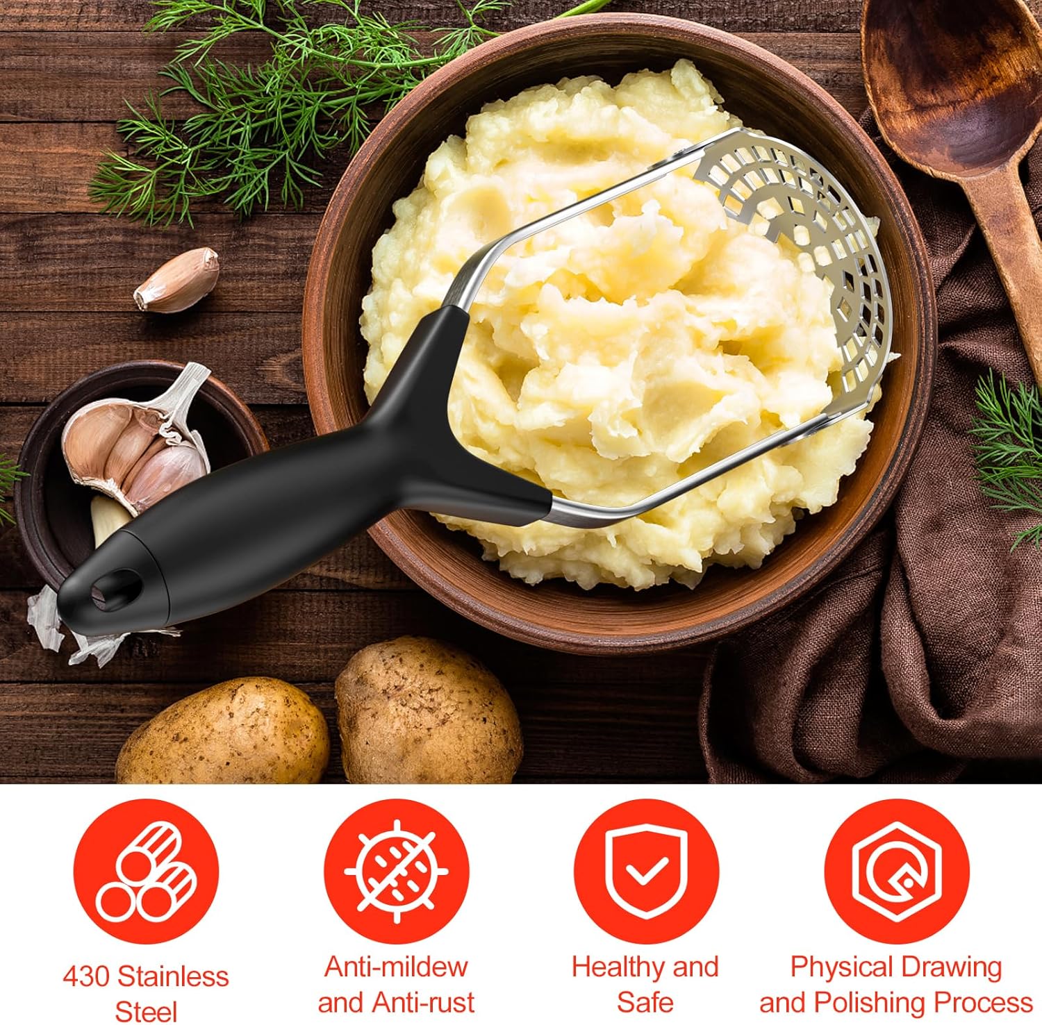 Fousenuk - presse-purée inox pliable, poignée antidérapante, pro,