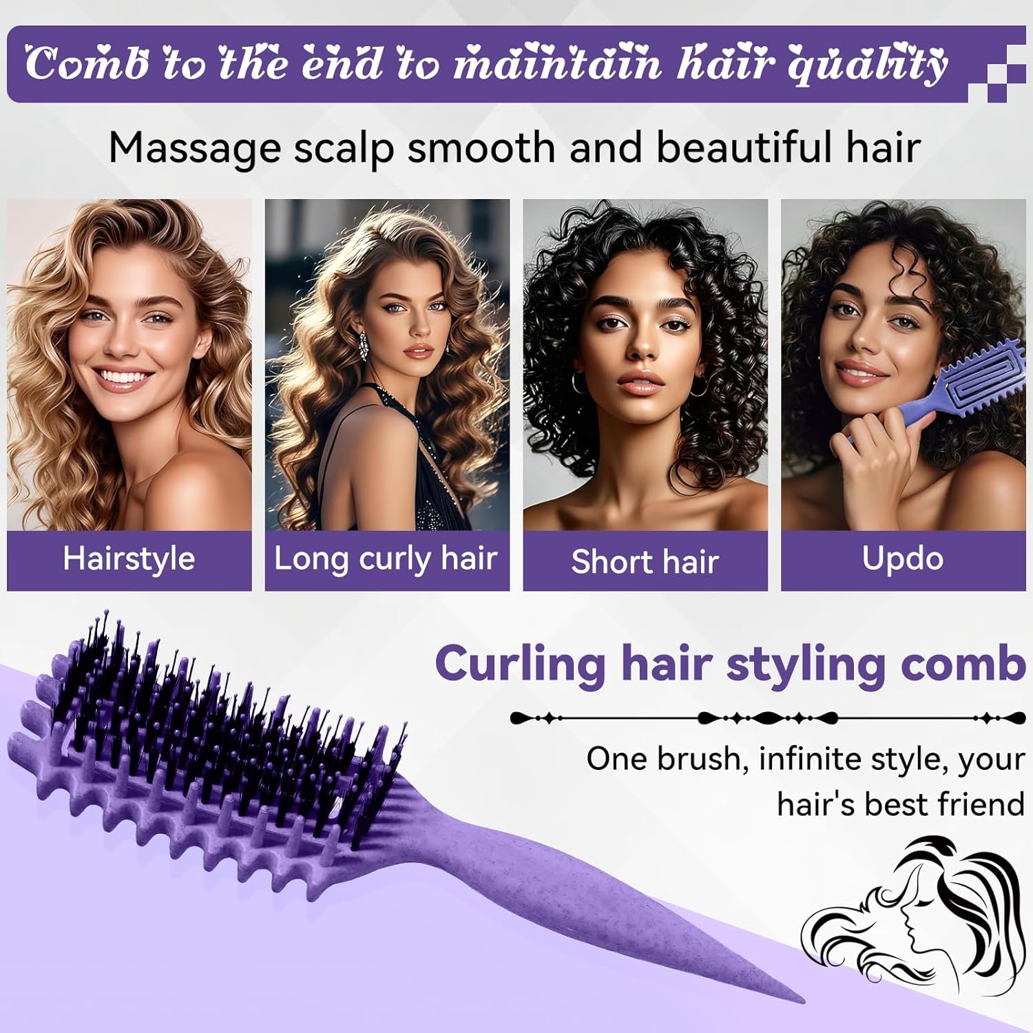 Brosse à boucler - poignée ergonomique, antistatique, violette, démêlage doux