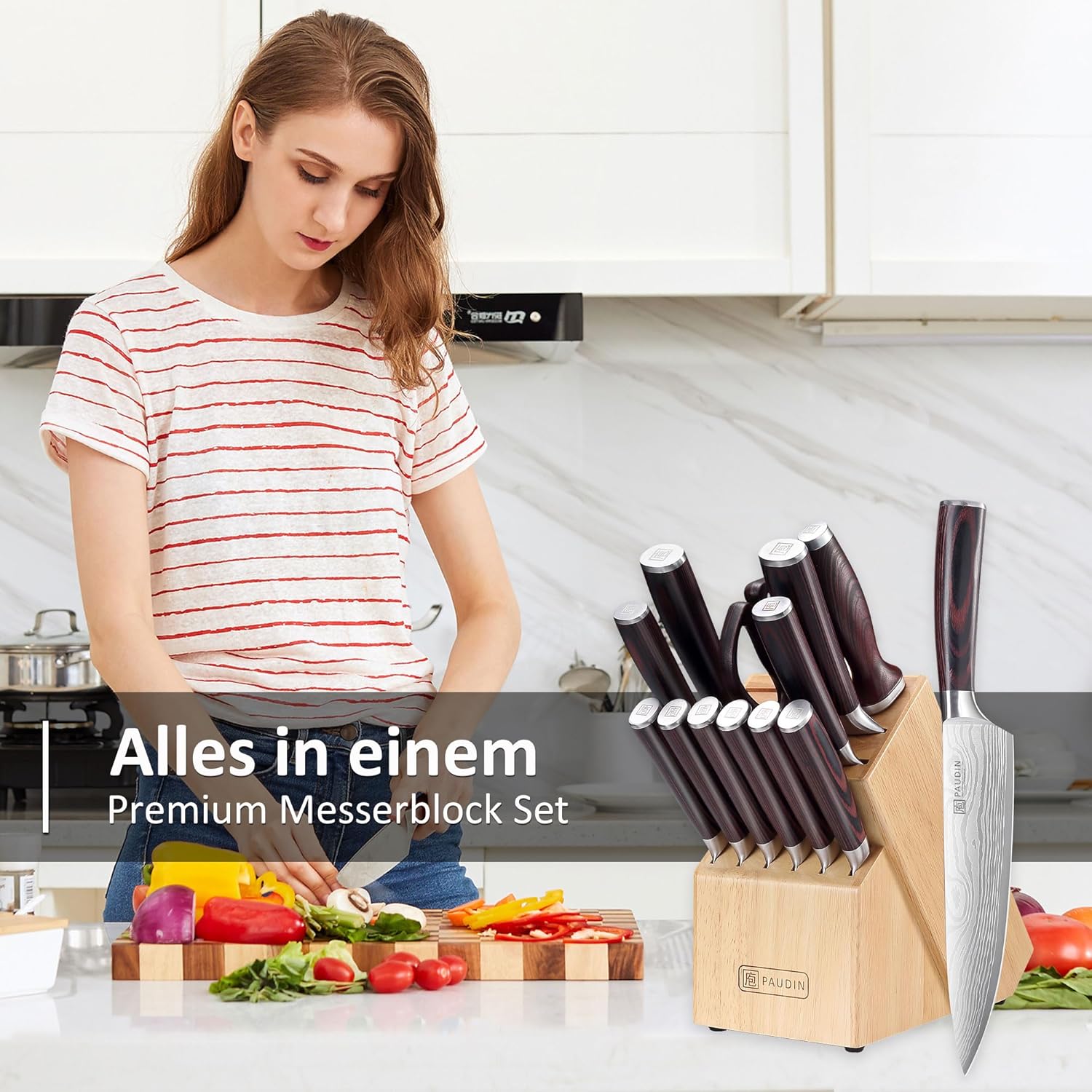 PAUDIN - Set Couteaux Cuisine Série Pro - 14 pcs - Acier Allemand, manche bois